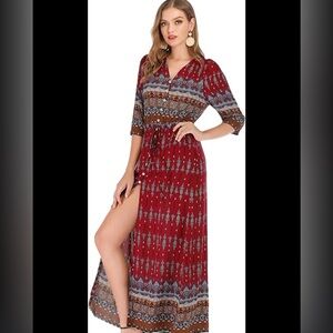 R. Vivimos Floral Maxi Shirt Dress Womens Size XL Red Boho V Neck